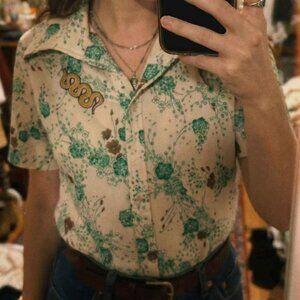 Vintage Floral Stretch Snake Short Sleeve Shirt blouse M size